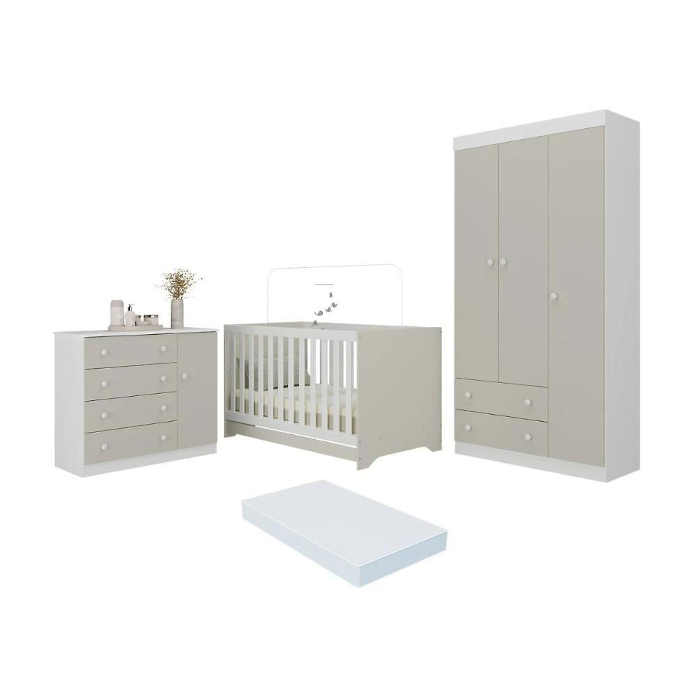 Quarto De Bebê Completo Berço Americano 3 Em 1 Colchão Encanto Multimóveis MP4605 Branco-off White