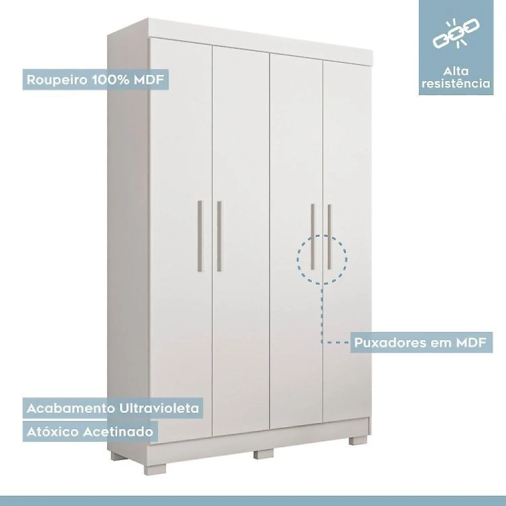Quarto Infantil/juvenil com Beliche Vegas e Guarda Roupa 4 Portas 3 Gavetas Flórida 100% Mdf  Branco