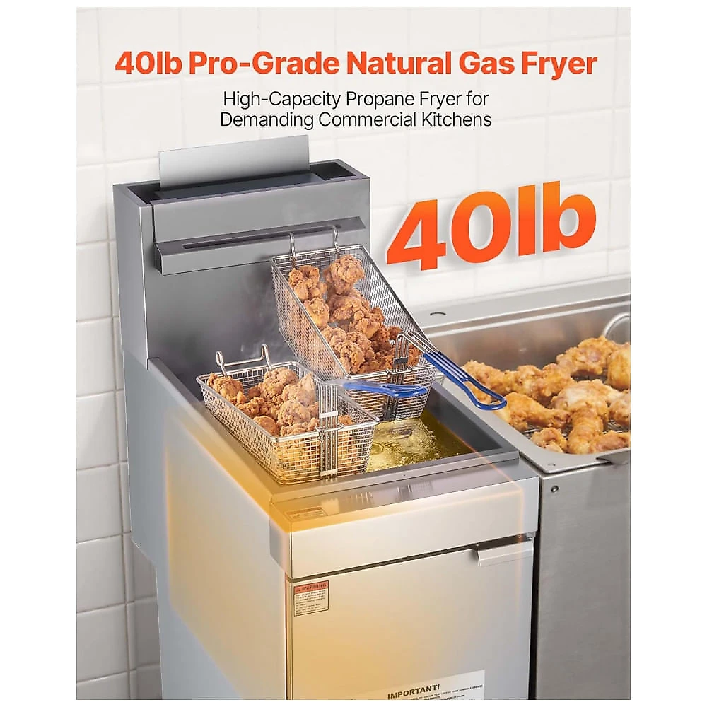 Fritadeira Comercial a Gás VEVOR GF90 Inox 3 Queimadores 18,1 kg 2 Cestas 90.000 BTU
