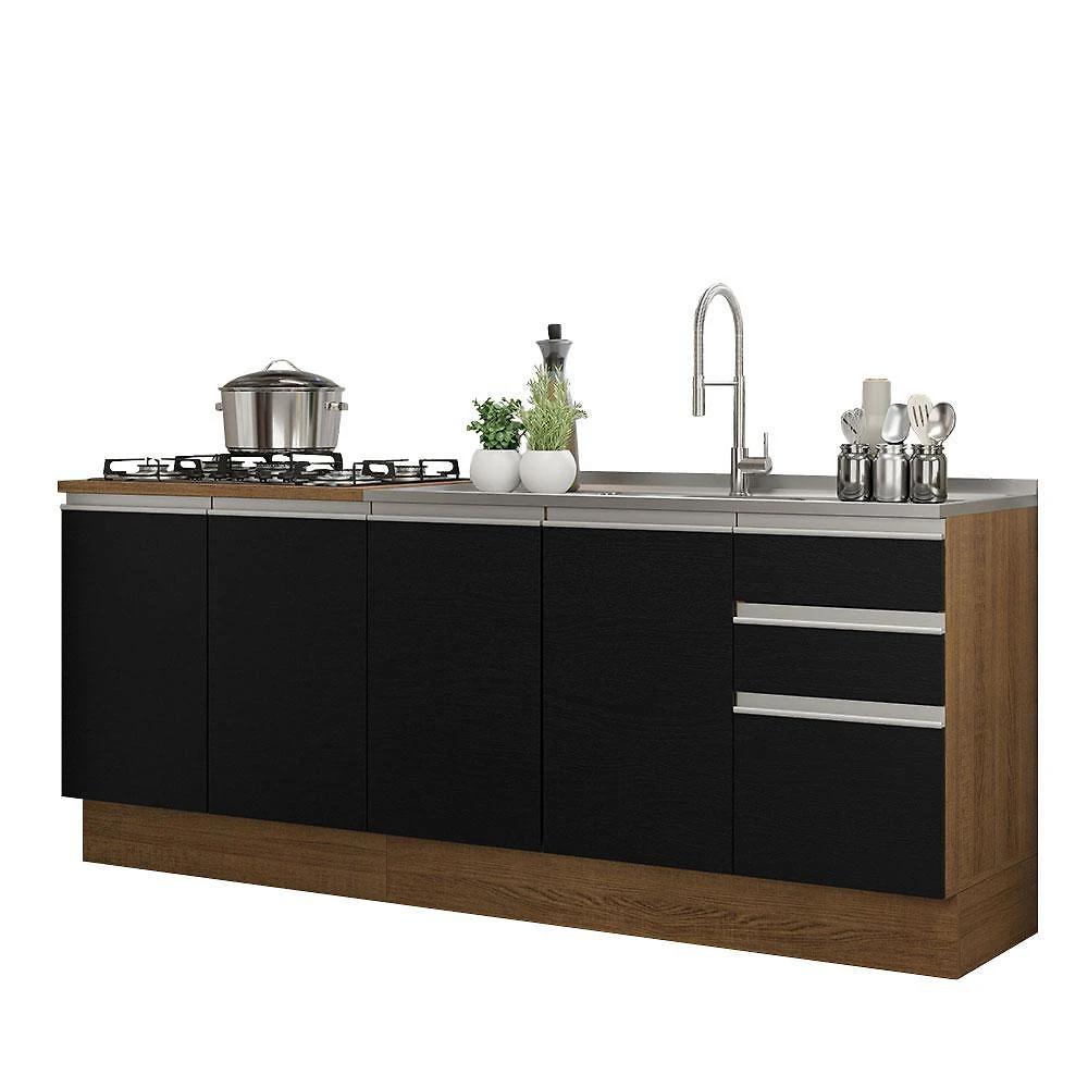 Kit com 2 balcões de cozinha madesa glamy 4 portas 3 gavetas (sem tampo e pia) - rustic/preto