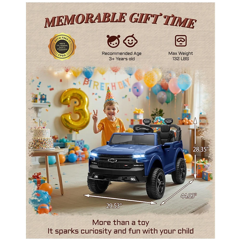 Carro Elétrico Infantil Chevrolet Silverado 24V Azul 2 Lugares com Controle Remoto, Bluetooth, Luzes LED e Cinto de Segurança
