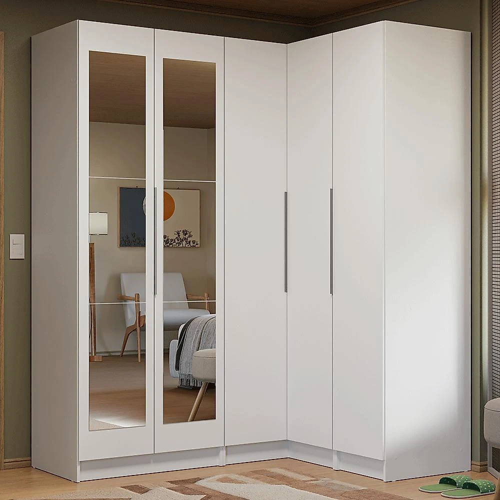 Guarda-roupa modulado de canto 310 cm 5 portas com espelhos 2 gavetas branco neo madesa 03