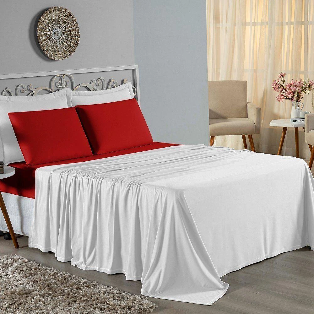Jogo De Cama Casal Nobre 4 Peças Lençol Com Elástico De 30cm De Altura Malha 100% Algodão - Branco / Vermelho