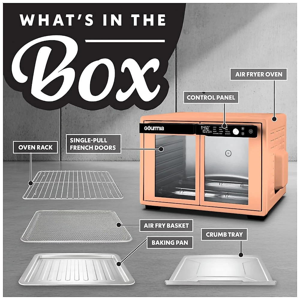 Gourmia Forno Air Fryer French Door 37 Qt Capacidade Grande, 12 Funções, Display Digital, Aço Inox Pêssego