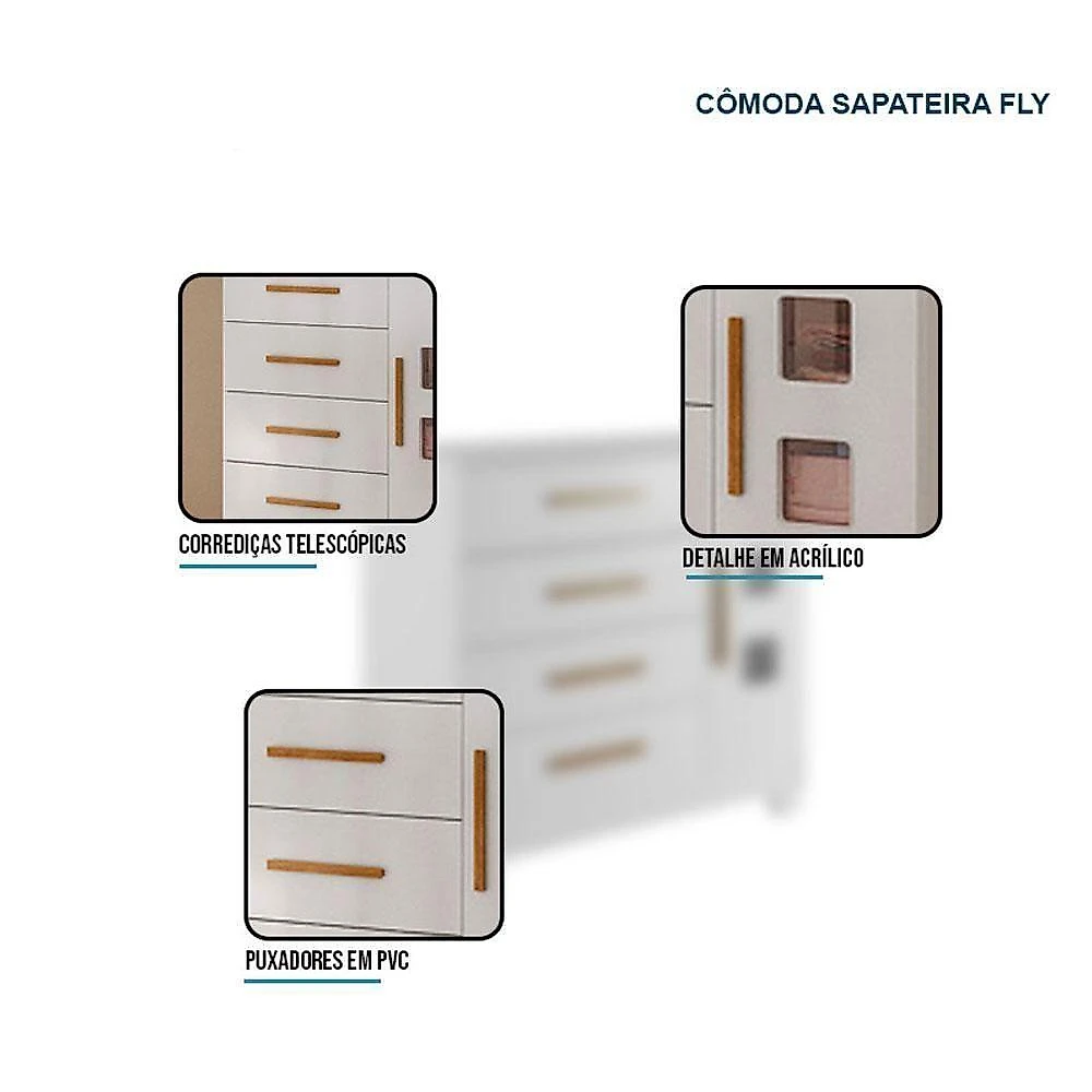 Kit Quarto de Bebê Guarda Roupa Florida com Cômoda Fly e Berço Soninho com Colchão Sleep 4P 3G MDF