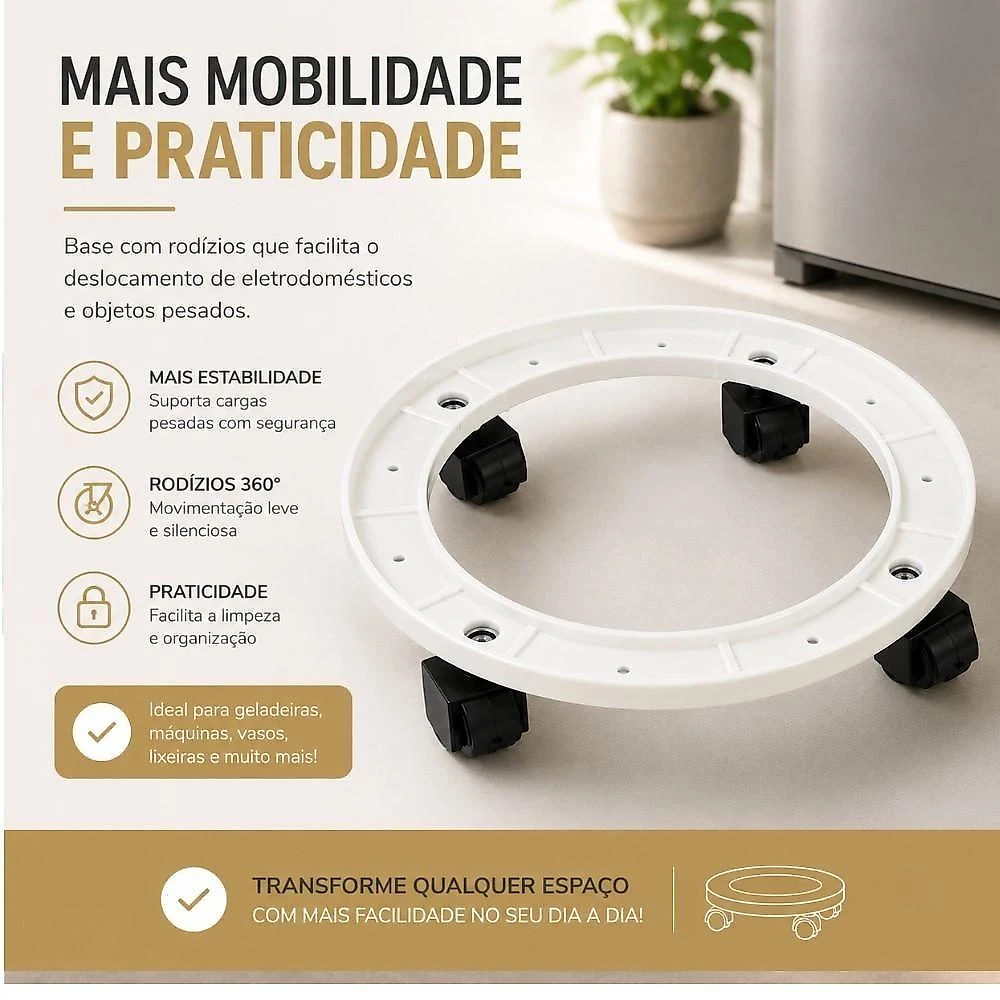 Suporte com Rodinhas para Vasos e Objetos Decorativos em Plástico Resistente Redondo Branco Yeet