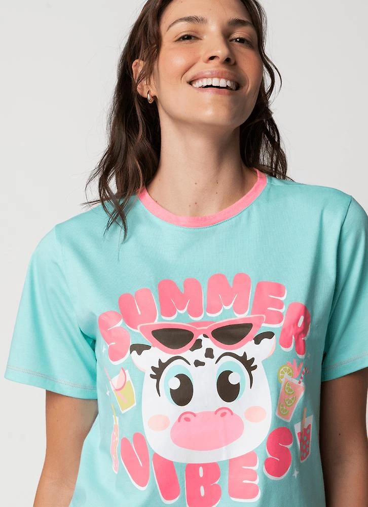 Pijama manga curta algodão feminino vaca summer