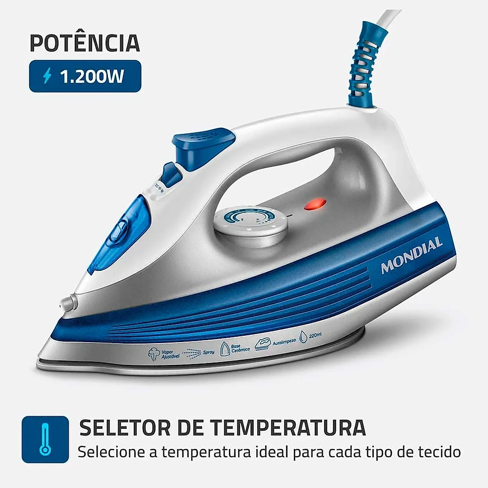 Ferro de Passar a Vapor Mondial FVN-01-BL 1200W Azul com Branco - 110V