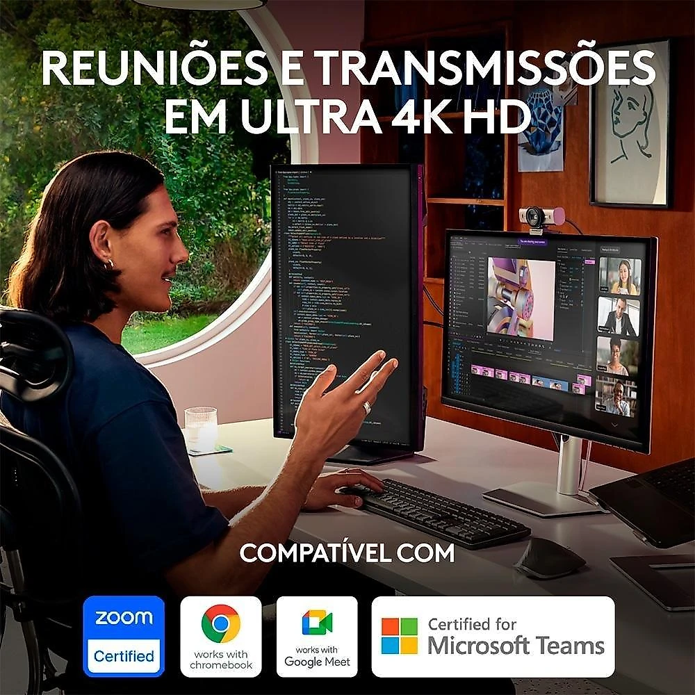 Webcam Ultra HD 4K Logitech MX Brio Com Microfones com Redução de Ruído, Protetor de Privacidade e Conexão USB-C, Grafite - 960-001548