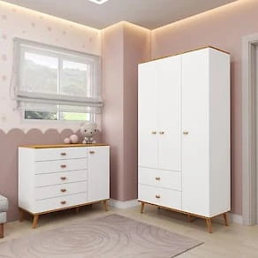 Miniatura Guarda-Roupa Bartira Ternura com 3 Portas, 2 Gavetas + Cômoda Bartira Ternura com 5 Gavetas e 1 Porta Branco Wood