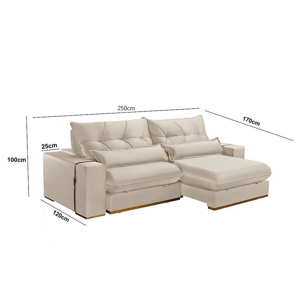 Sofá com Chaise A294 3 Lugares Retrátil e Reclinável 250CM Creme Meu Sofá Online