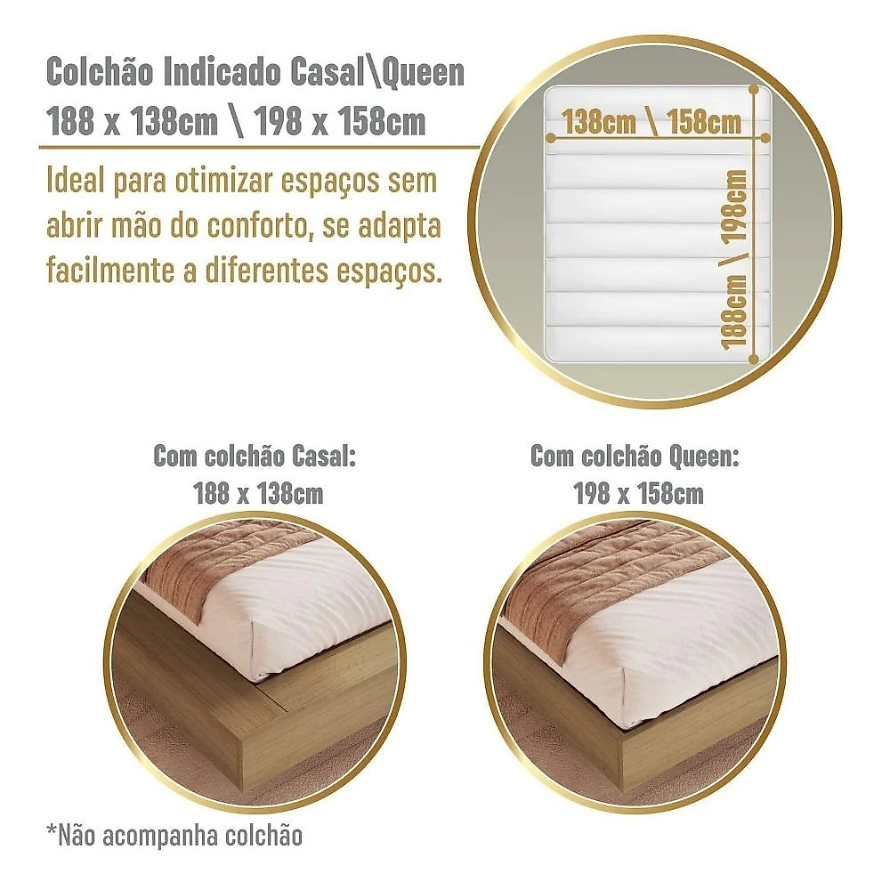 Cama de Casal e Queen Suspensa com Iluminação LED e Organizador na Cabeceira Cancún Mel/Arenas