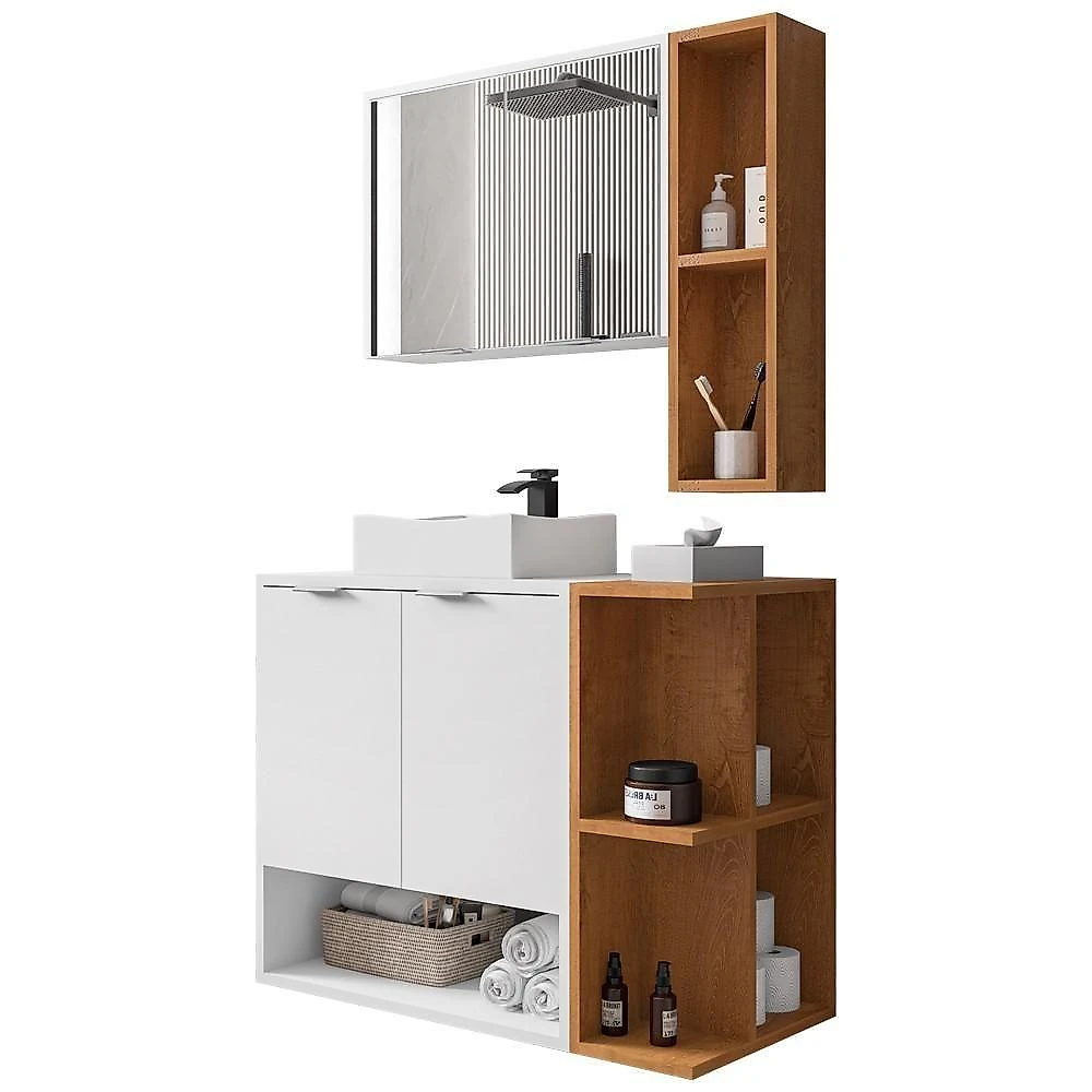 Gabinete Para Banheiro Com Cuba E Espelho Siesta B02 Branco Naturalle - Lyam Decor