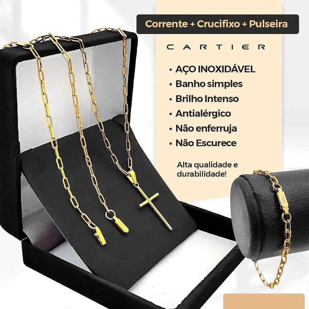 Kit de Acessórios Masculinos Orizom Corrente Aço Inox Banhado a Ouro 18K Pingente Crucifixo Pulseira