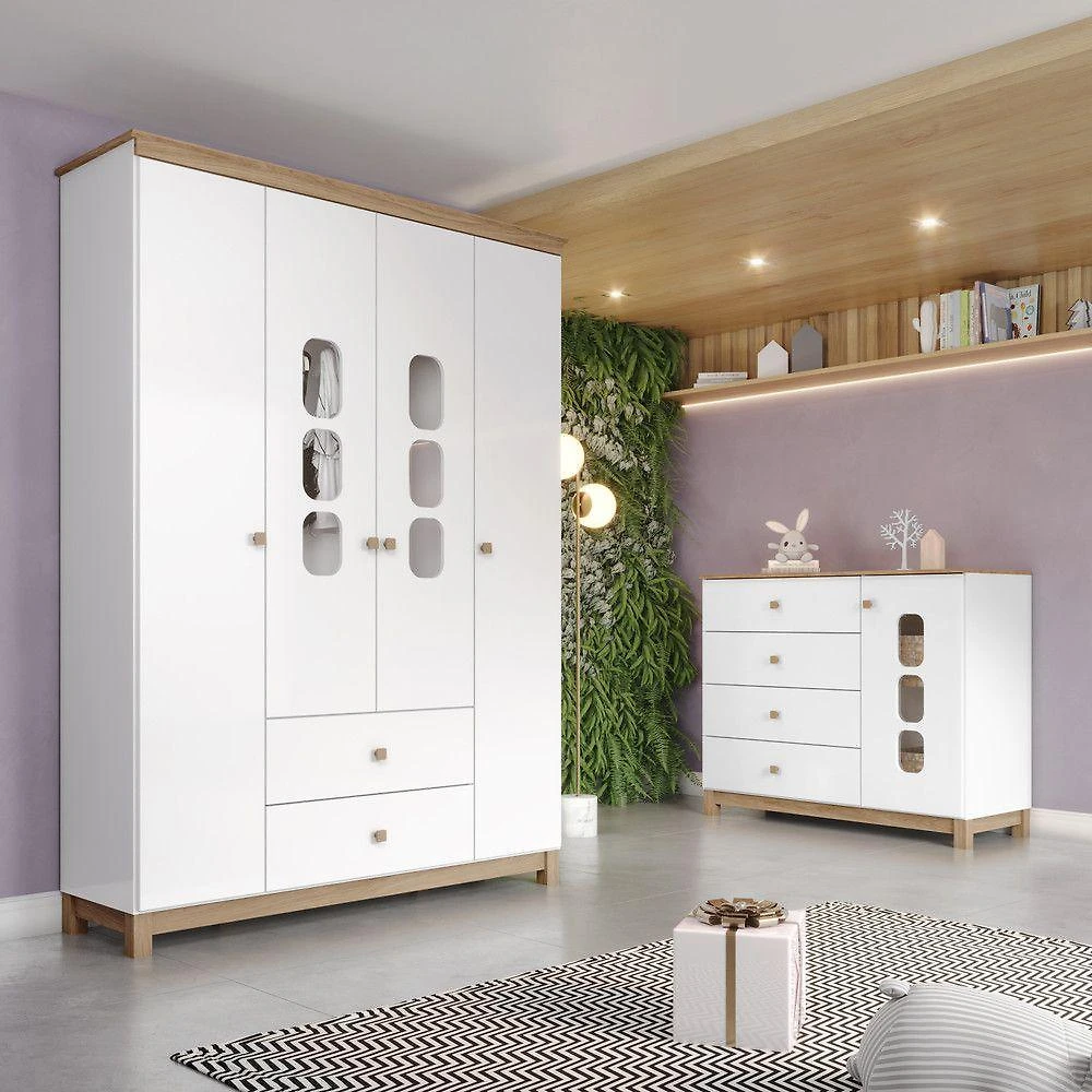 Quarto de Bebê com Guarda Roupas e Cômoda Aconchego 5 Portas 6 Gavetas MDF-MDP Branco Móveis Henn