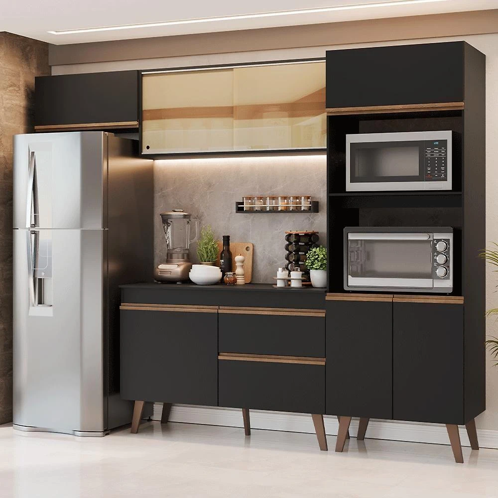 Cozinha Completa Pieta 8 Portas 1 Gaveta MDP 260CM Preta Madesa