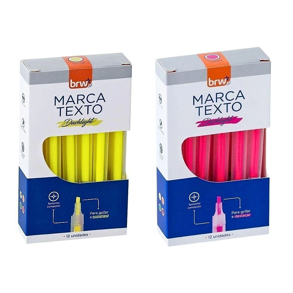2 Caixas Marca Texto Fluorescente Transparente 12 Unidades Brw Amarelo E Rosa