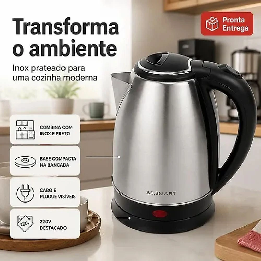 Chaleira Elétrica Be Smart Be Smart 1,8L Aço Inox 220V com Desligamento Automático e Base Rotativa