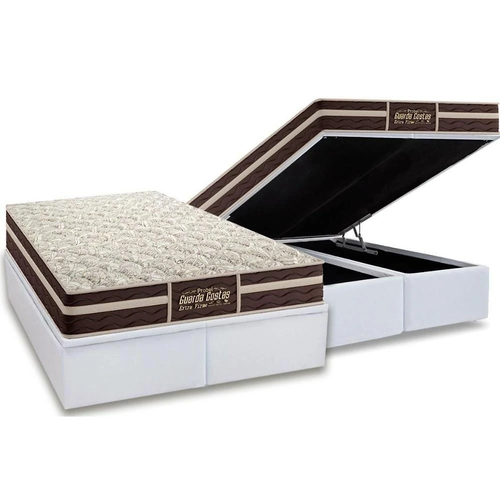 Cama Box Baú King: Colchão Anatômico Probel Guarda Costas Extra Firme + Base Crc Courano White (193x203)
