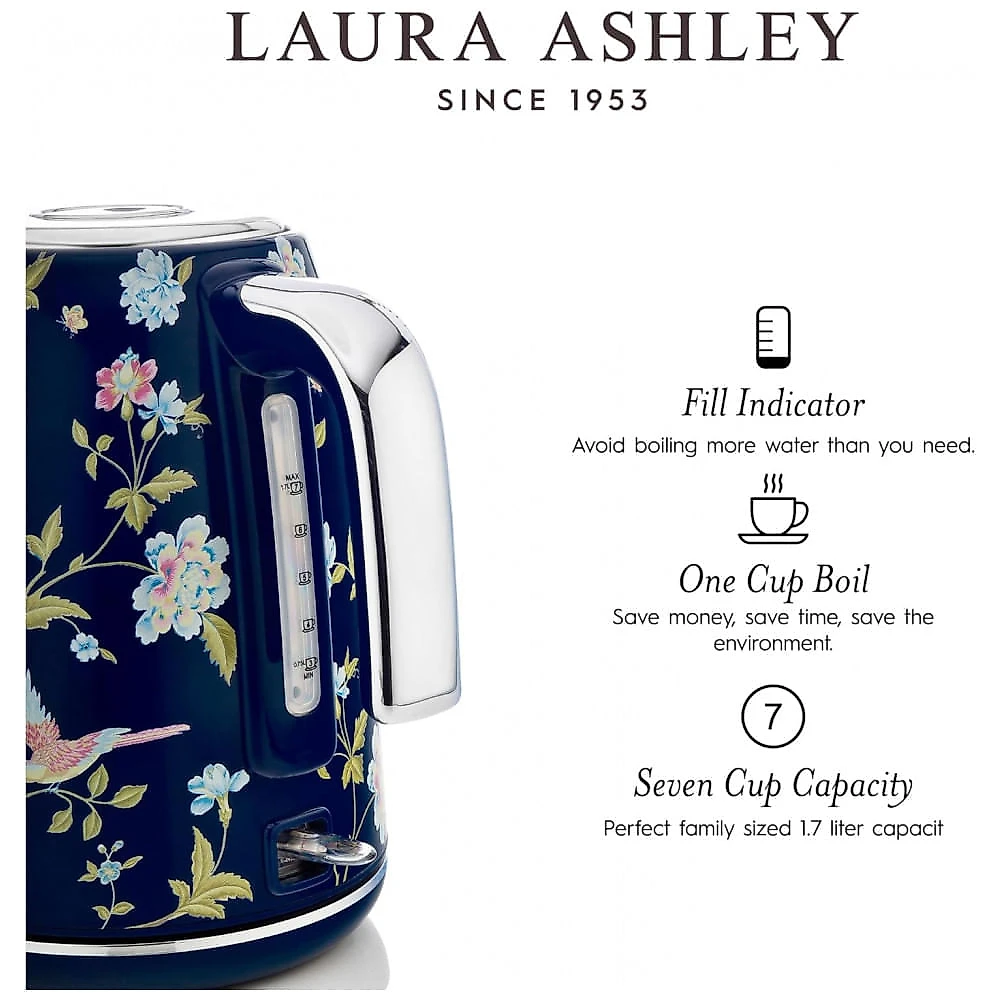 Chaleira elétrica inox 1,7L Laura Ashley azul marinho Elveden, fervura rápida 1500W com desligamento automático e proteção contra fervura a seco, 110V Chaleira elétrica inox 1,7L Laura Ashley azul marinho Elveden, fervura rápida 1500W com desligamento automático e proteção contra fervura a seco