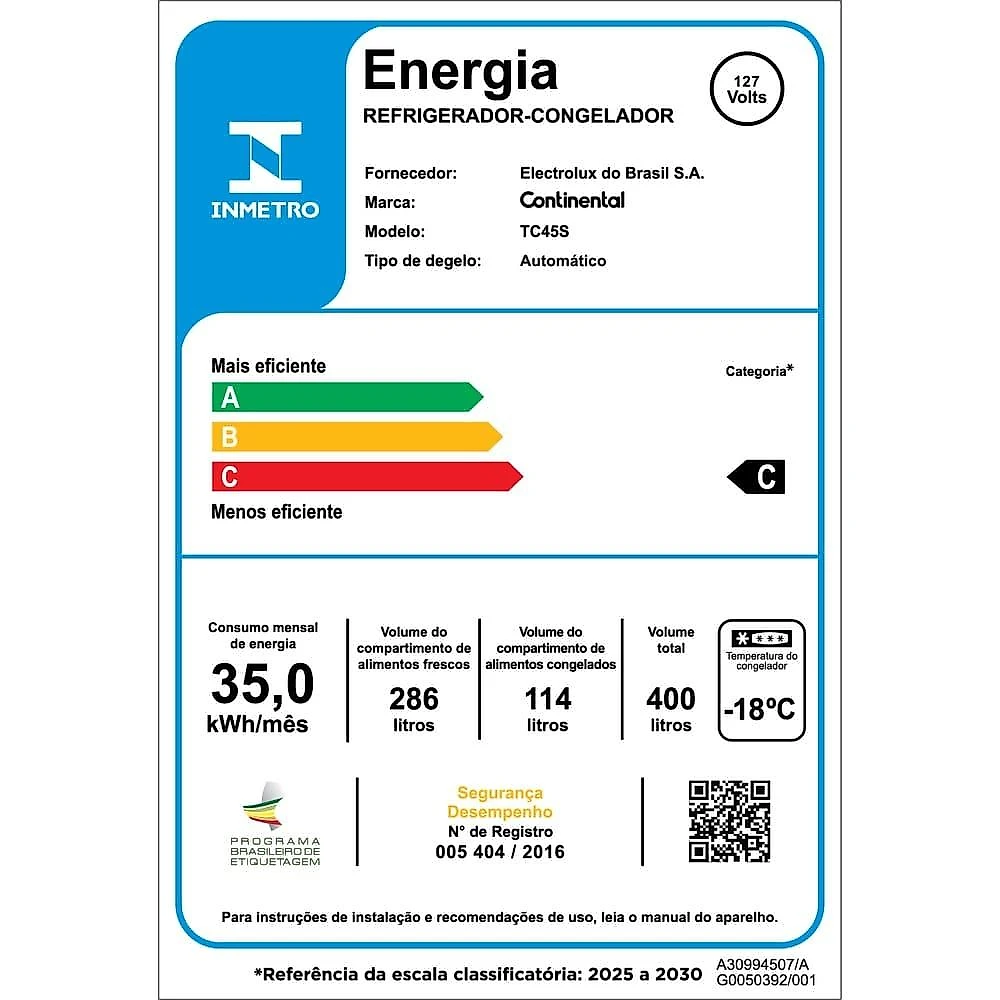Geladeira continental tc45s frost free duplex 400l inox look econômica espaçosa controle eletrônico 110