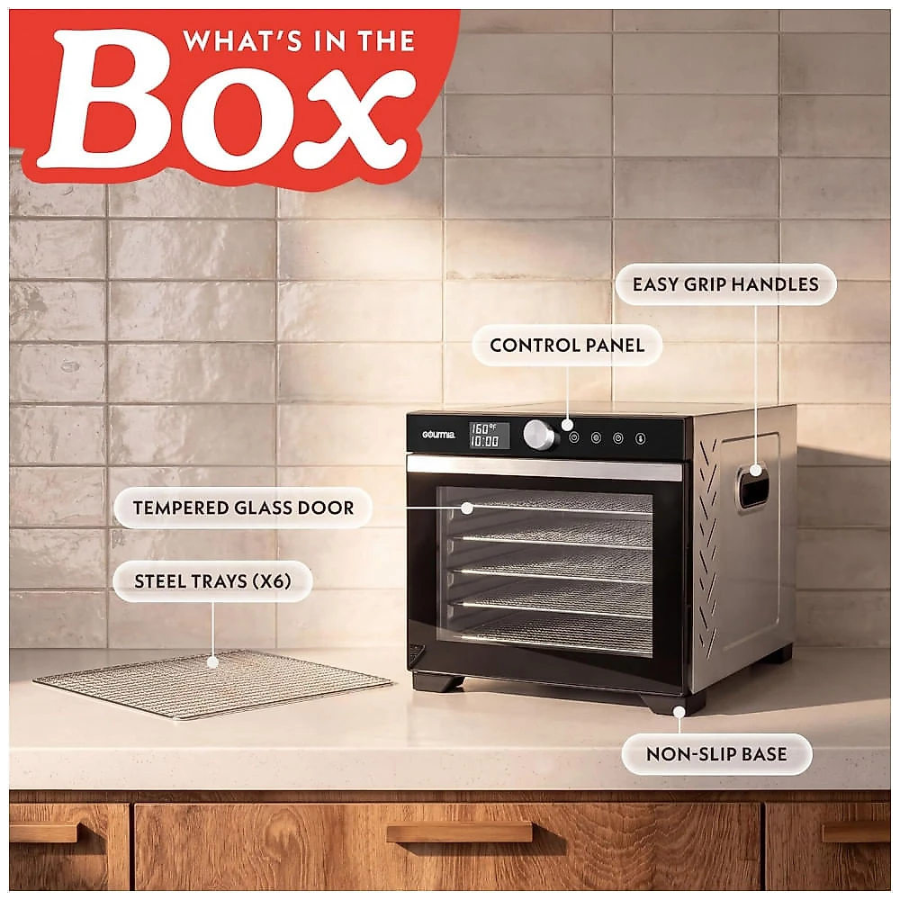 Desidratador de Alimentos Digital Gourmia GFD1610 6 Bandejas de Aço Inoxidável 600W Fluxo de Ar 360° Voltagem Não Informada