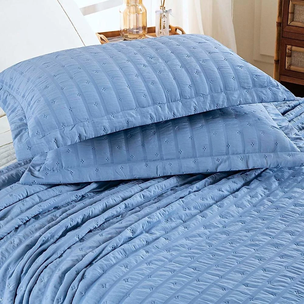 Kit colcha cobre leito plissê queen seersucker premium 3 peças maciez e leveza com textura 3d azul mineral