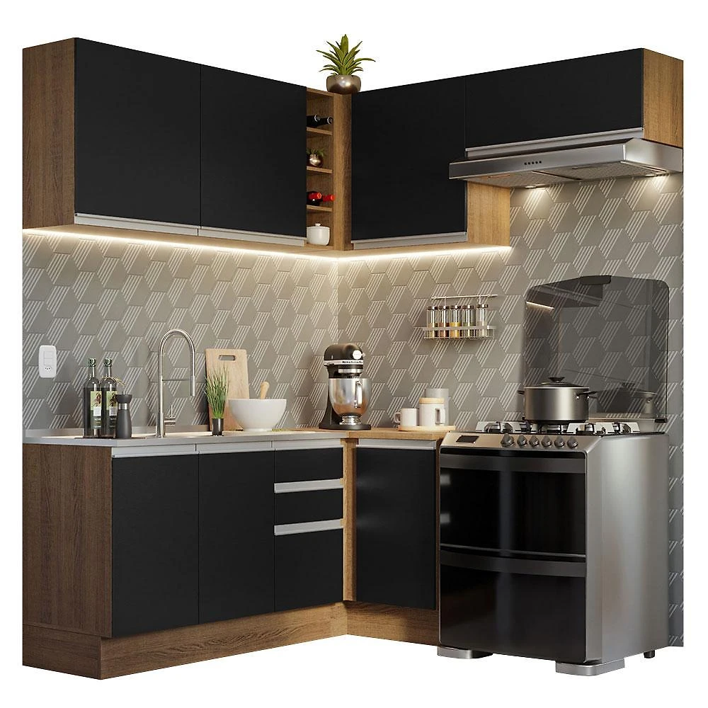 Armário de cozinha completa de canto 349cm rustic/preto glamy madesa 07