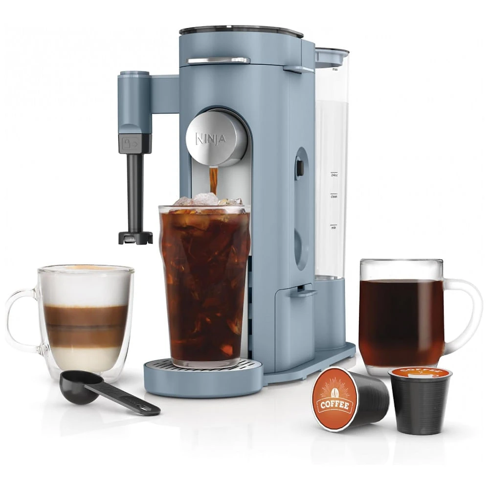 Máquina de Café Ninja Pods e Grounds Individual XL Compatível K-Cup 4 Estilos Reservatório 2 L Frother Integrado Tamanhos 177-710 mL Azul Jeans