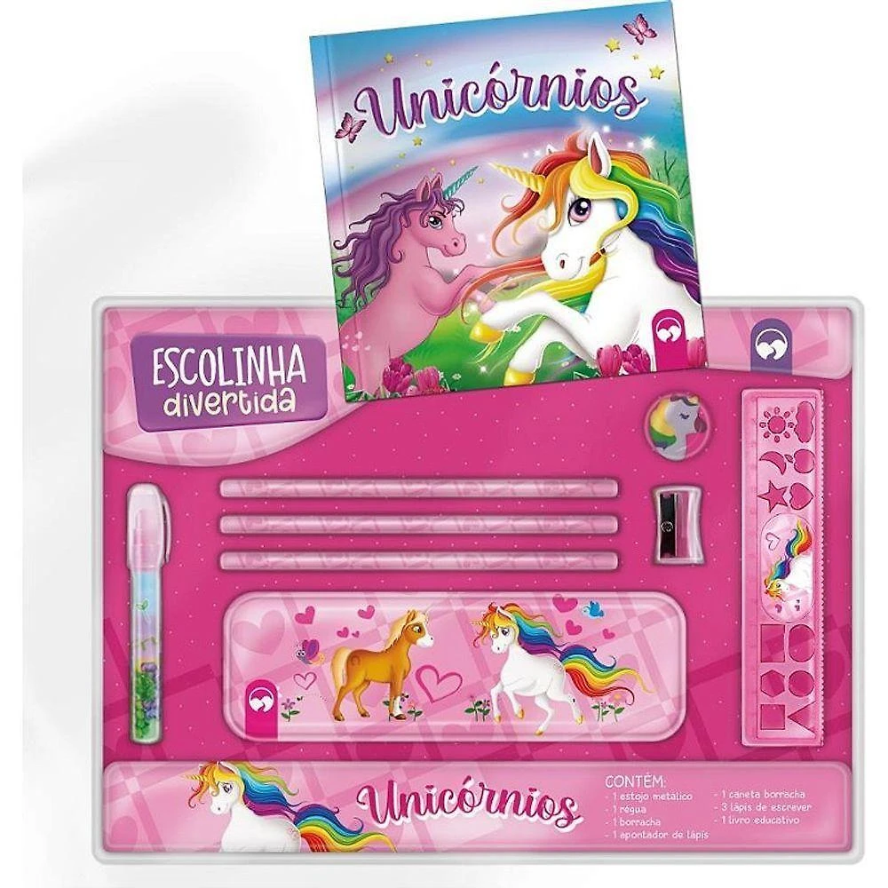 Livro de Atividades Kit Escolinha Unicórnios com Estojo Metálico