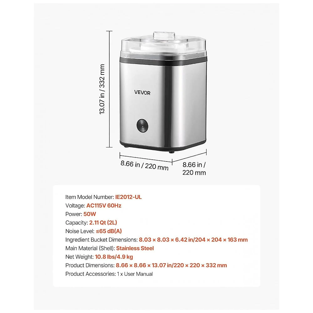 Máquina de Sorvete VEVOR 2L Prata Elétrica Tigela Duplo Isolamento Automática