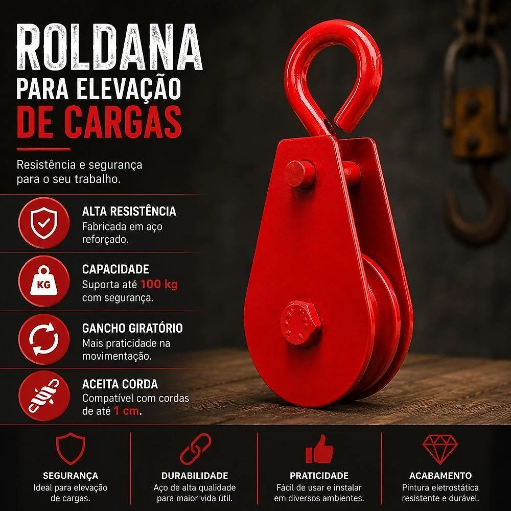 Moitão Roldana Reforcado para Carga Até 100kg com Gancho Giratório em Aço