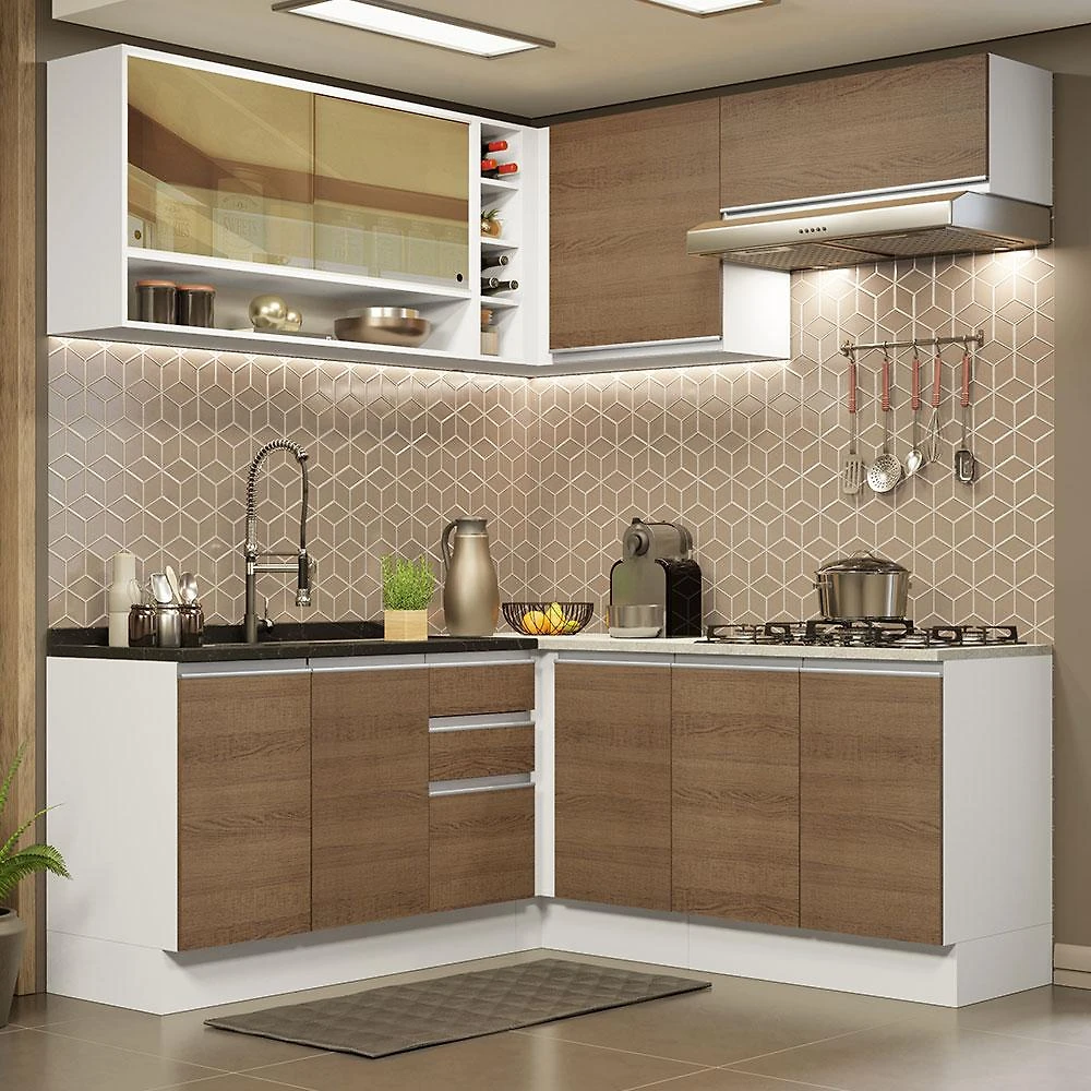 Cozinha Completa de Canto Madesa Glamy 349002 com Armário e Balcão (Sem Tampo e Pia) - Branco/Rustic