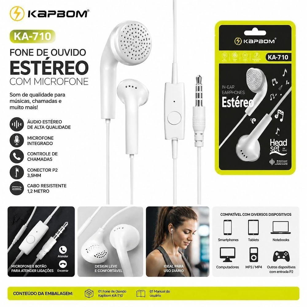 Fone de Ouvido com Fio Kapbom KA-710 Estéreo com Microfone Conector P2 3,5 mm Branco