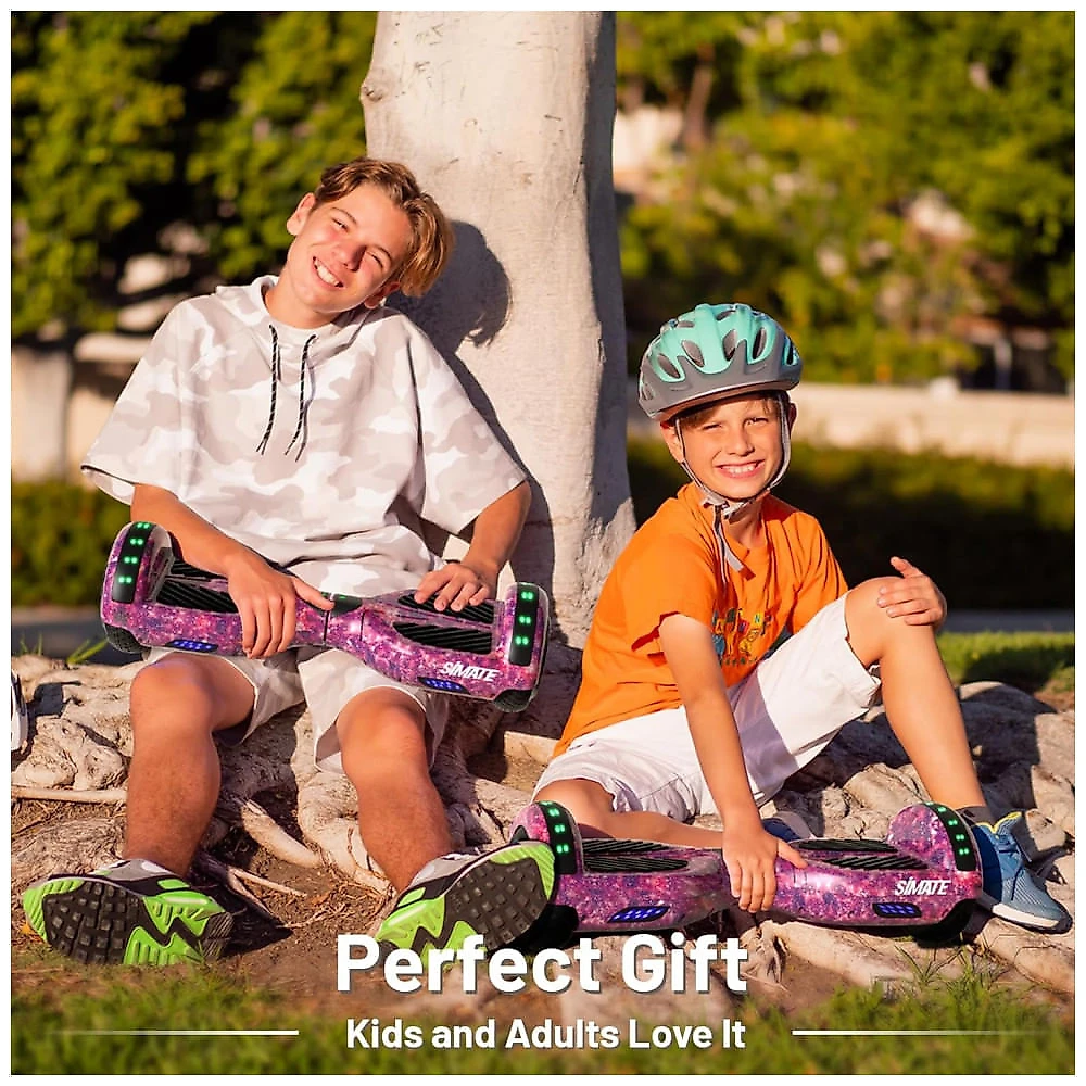 Hoverboard SIMATE Galaxy Purple com Bluetooth, Rodas Todo Terreno com Luzes de LED e Controle por App – Crianças e Adultos