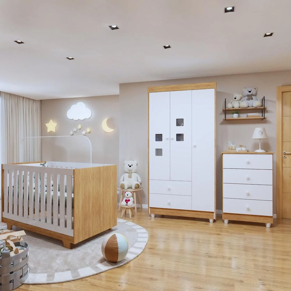 Quarto de Bebê 100% MDF Berço Minicama com Colchão, Cômoda e Guarda Roupa 3 Portas Life