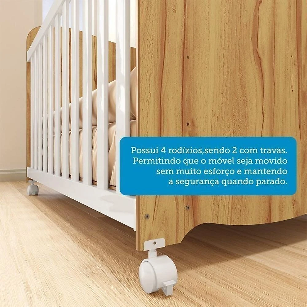 Quarto de Bebê com Cômoda 3 Gavetas e Berço Americano 100% Mdf Teka Espresso Móveis Branco Brilho/Amêndoa