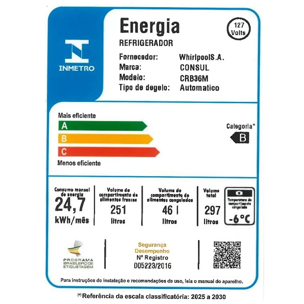 Geladeira Consul Frost Free CRB36MB, 297 Litros, Branco - 110V 110 Volts