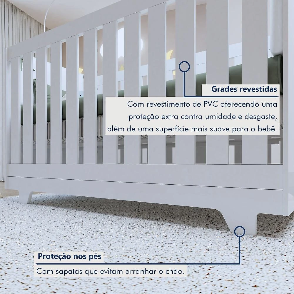 Quarto de Bebê Guarda Roupa 3 Portas e Berço Mini Cama 100% MDF com Colchão Nina  Branco
