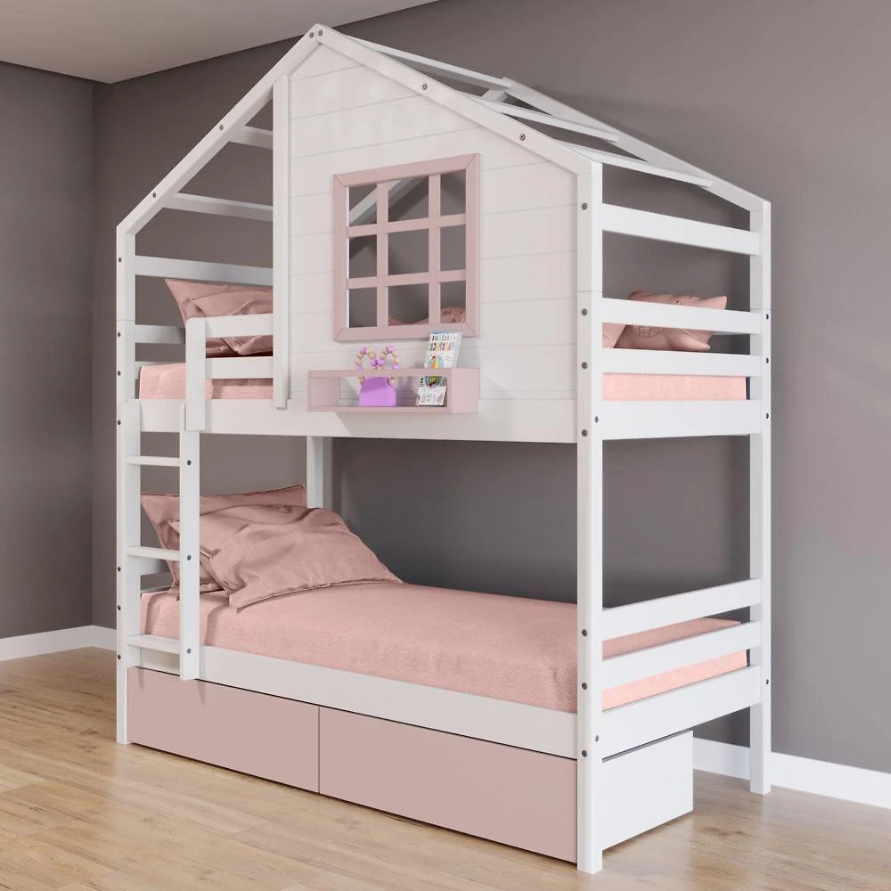 Beliche Casinha Com Janela E Gavetas Rosa Madeira Maciça Branco/ Rosa Housin