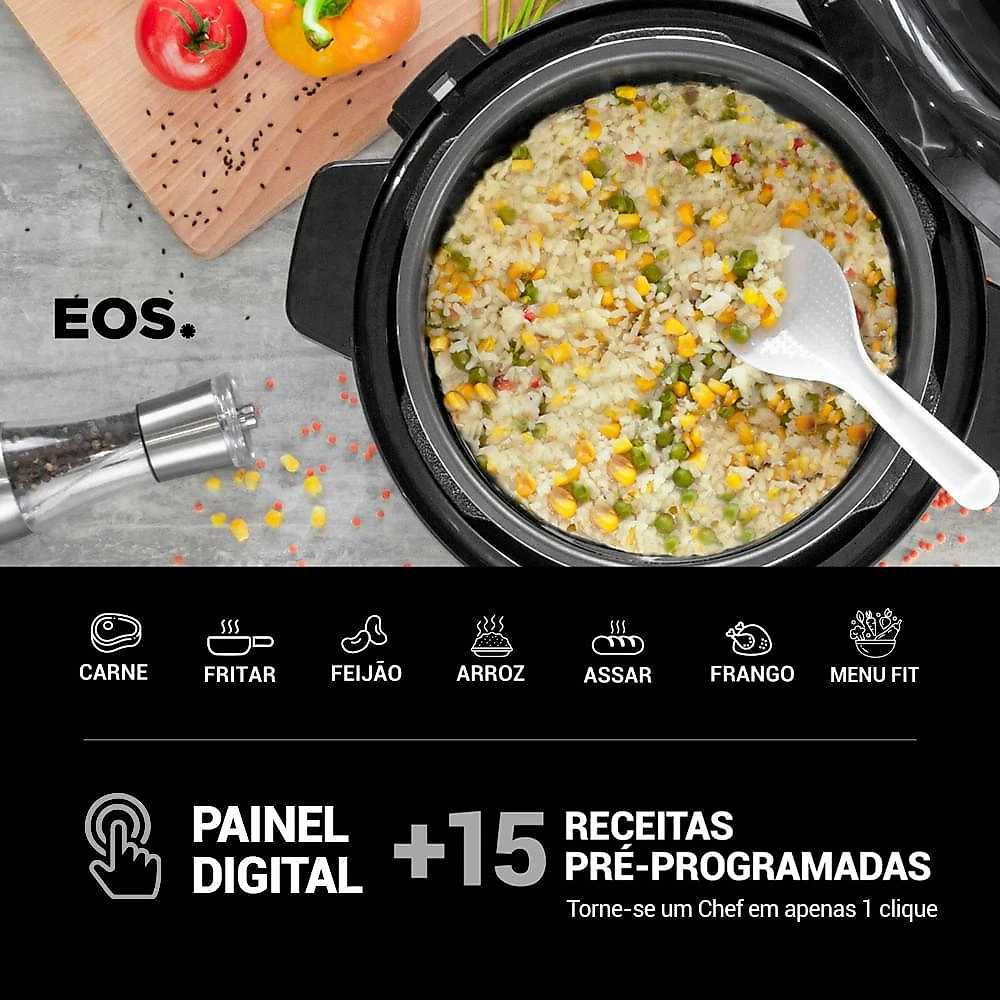 Panela de Pressão Elétrica EOS Multicooker Digital 6L Titanium EPP60DT 220V Panela de Pressão Elétrica EOS 6L Digital Inox Titanium 220V