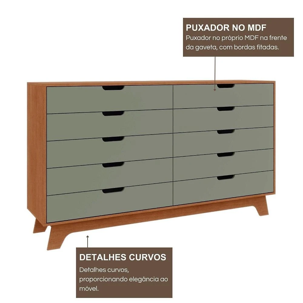 Cômoda para Quarto Infantil 10 Gavetas 100% Mdf Alice Verti/ Castanho