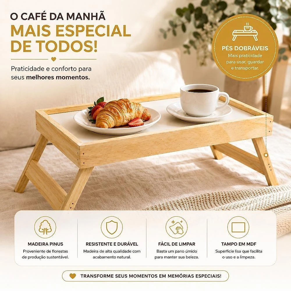 Bandeja Mesa de Café da Manhã Pés Dobráveis Madeira Pinus e MDF Amadeirado