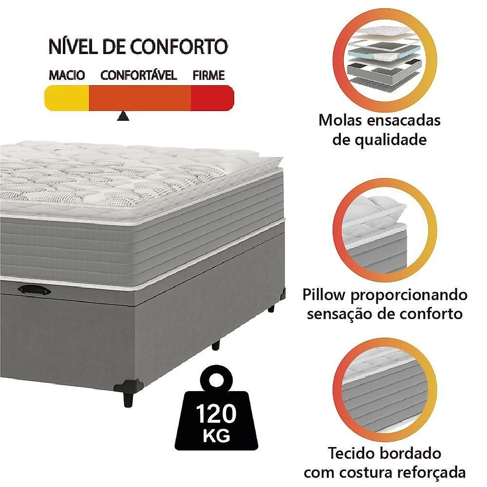 Cama Box Baú Casal Molas Ensacadas Pillow Top 138x188x66cm Martino Cinza Umaflex Cinza