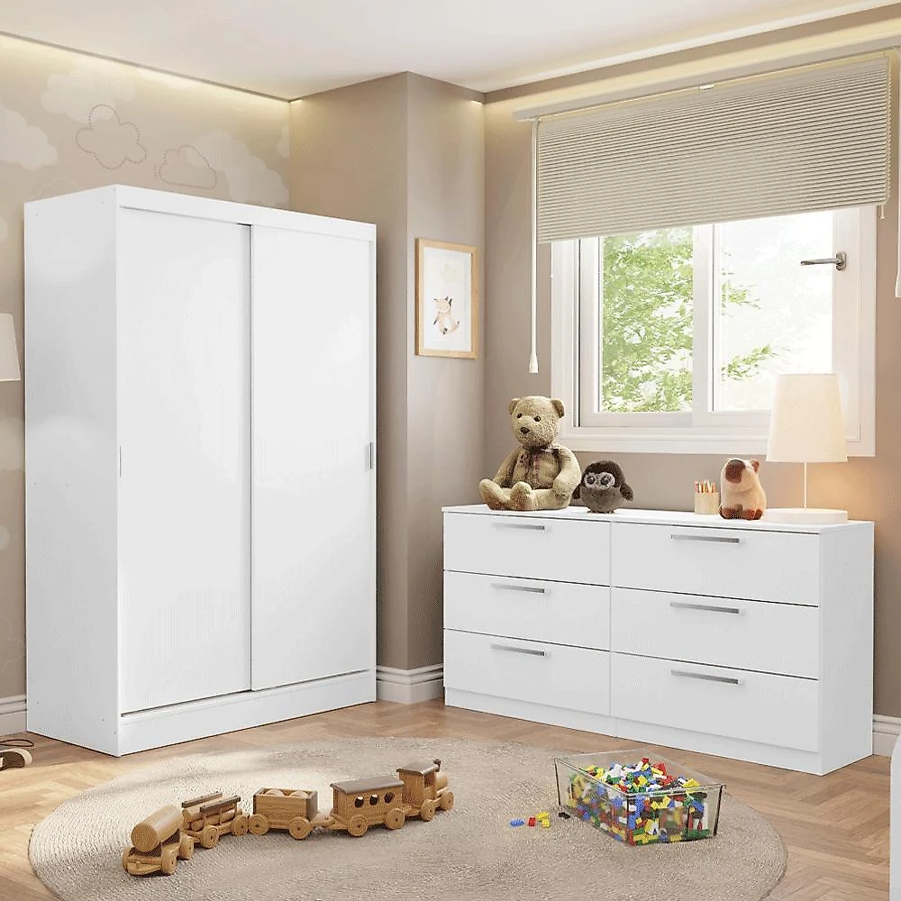 Quarto infantil completo guarda-roupa 2 portas 2 gavetas e cômoda madesa branco