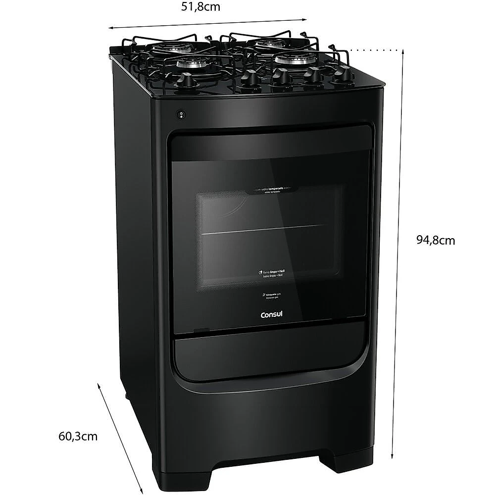 Fogão CFO4VBE com 4 Bocas Mesa de Vidro Grades Individuais Super Estáveis Consul Preto - Bivolt