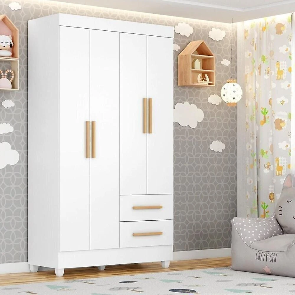 Quarto Bebê Infantil com Guarda-roupa 4 Portas e 2 Gavetas com Cômoda 4 Gavetas e 2 Portas Lite Branco