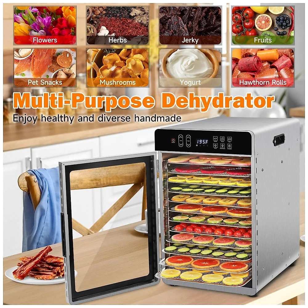Desidratador de Alimentos para Jerky com 12 Bandejas de 11,42 polegadas, 1000W em Aço Inoxidável com Temporizador de 24 Horas e Controle de Temperatur Desidratador de Alimentos para Jerky com 12 Bandejas de 11,42 polegadas, 1000W em Aço Inoxidável com Temporizador de 24 Horas e Controle de