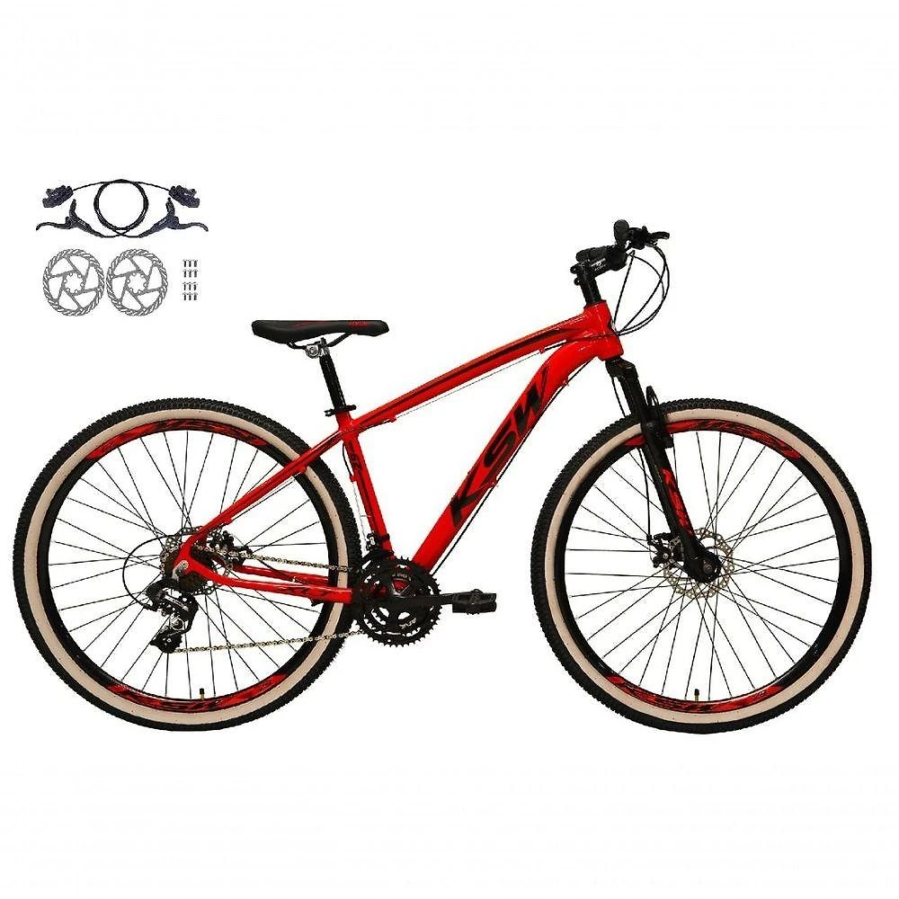 Bicicleta Aro 29 Ksw Xlt 24v Freios Disco Hidráulicos Garfo Suspensão Pneu Faixa - Vermelho Tam.15