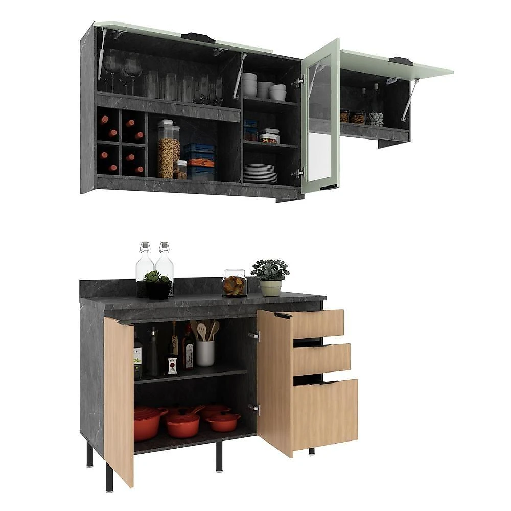 Cozinha Modulada Esmeralda 4 Portas 1 Gaveta MDP 200CM Lunar com Verde Mar e Freijó Tecno Mobili webcontinental-7908212533367